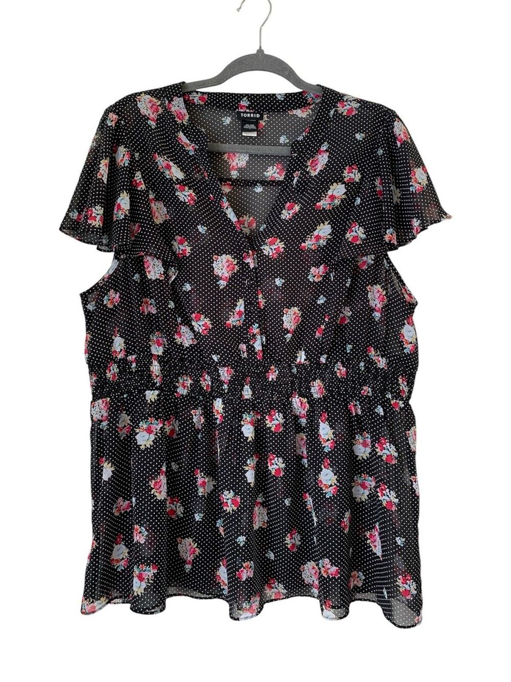 Torrid Floral Polka Dot Sheer Blouse Black/Pink Flutter Sleeve- Size 2XL